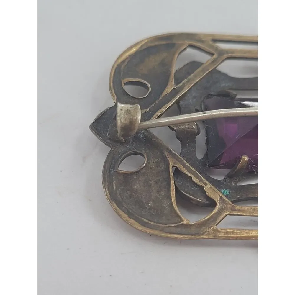 Antique Art Nouveau Brass Amethyst Glass Sash Brooch Victorian Romantic Jewelry